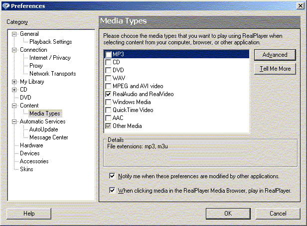 RealPlayer 10 Media Types dialog box.