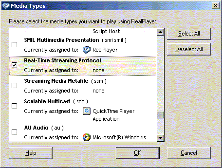 RealPlayer 10 Media Types dialog box.